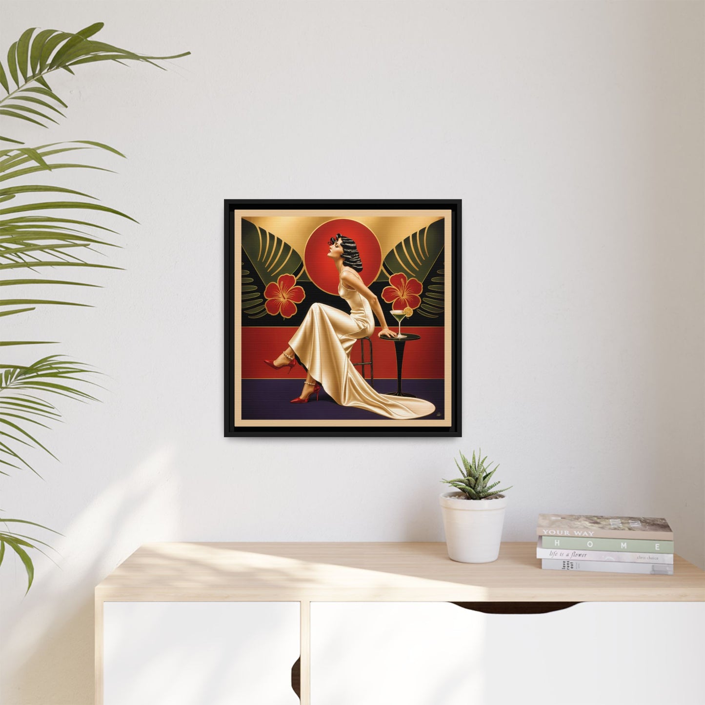 Art Deco Lady Red Green Beige Tropical Canvas Framed Wall Art | Matte Print