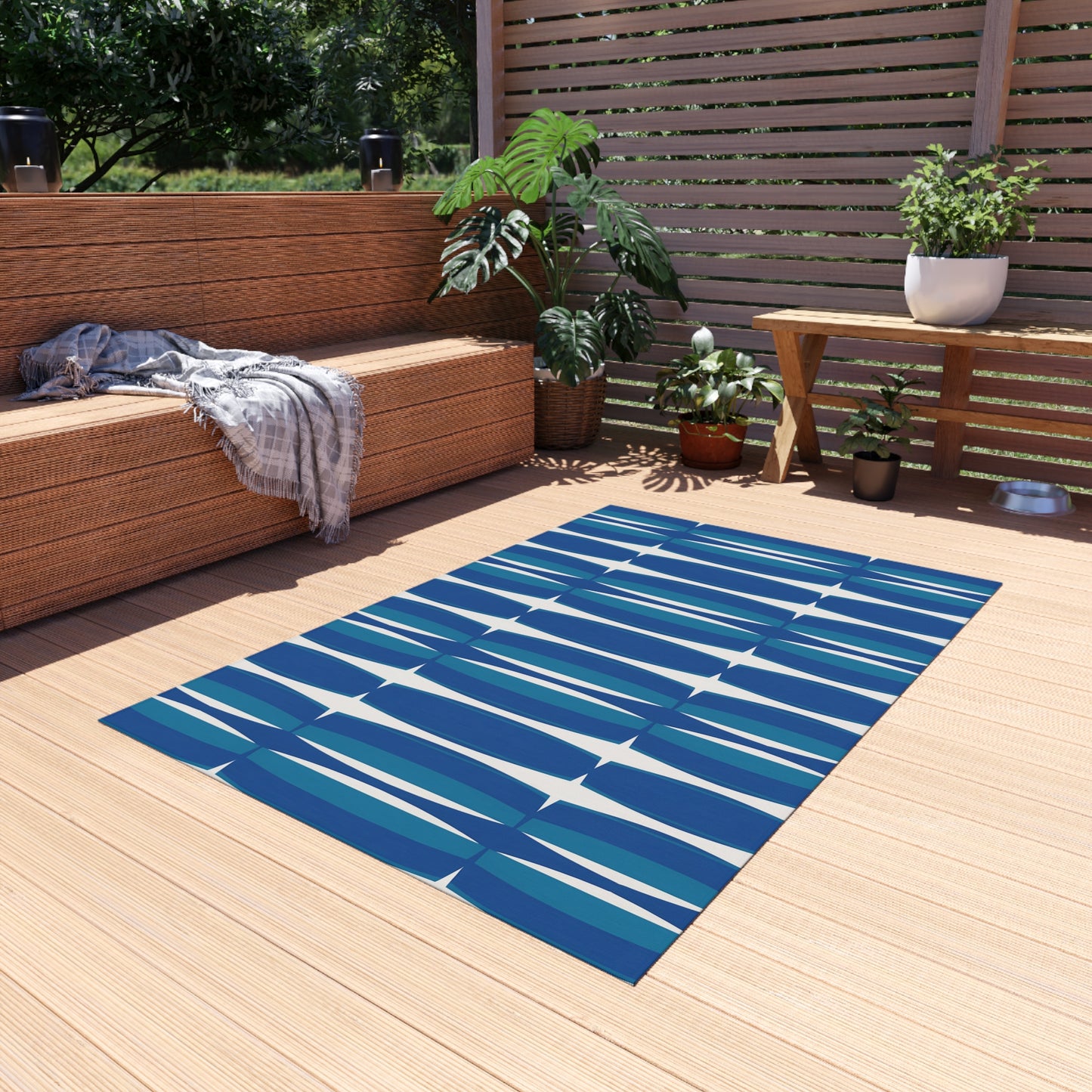 Blue White Mid-Century Geometric Outdoor Rug | Retro Teal Navy Pattern