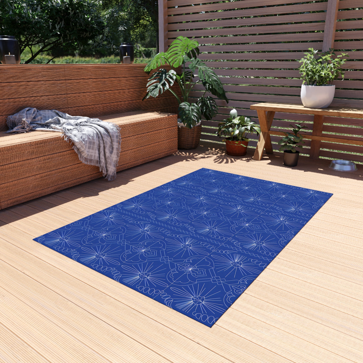 Cobalt Blue Geometric Floral Pattern Outdoor Rug | Patio Mat