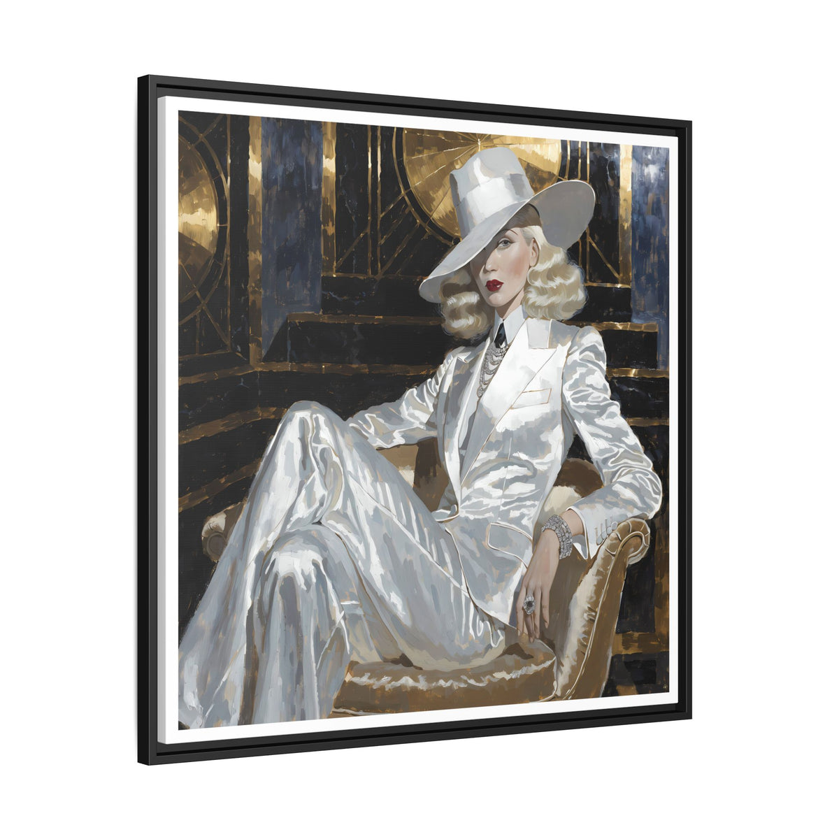 Woman in White Suit Art Print Matte Canvas, Framed | Glamorous Fashion Portrait