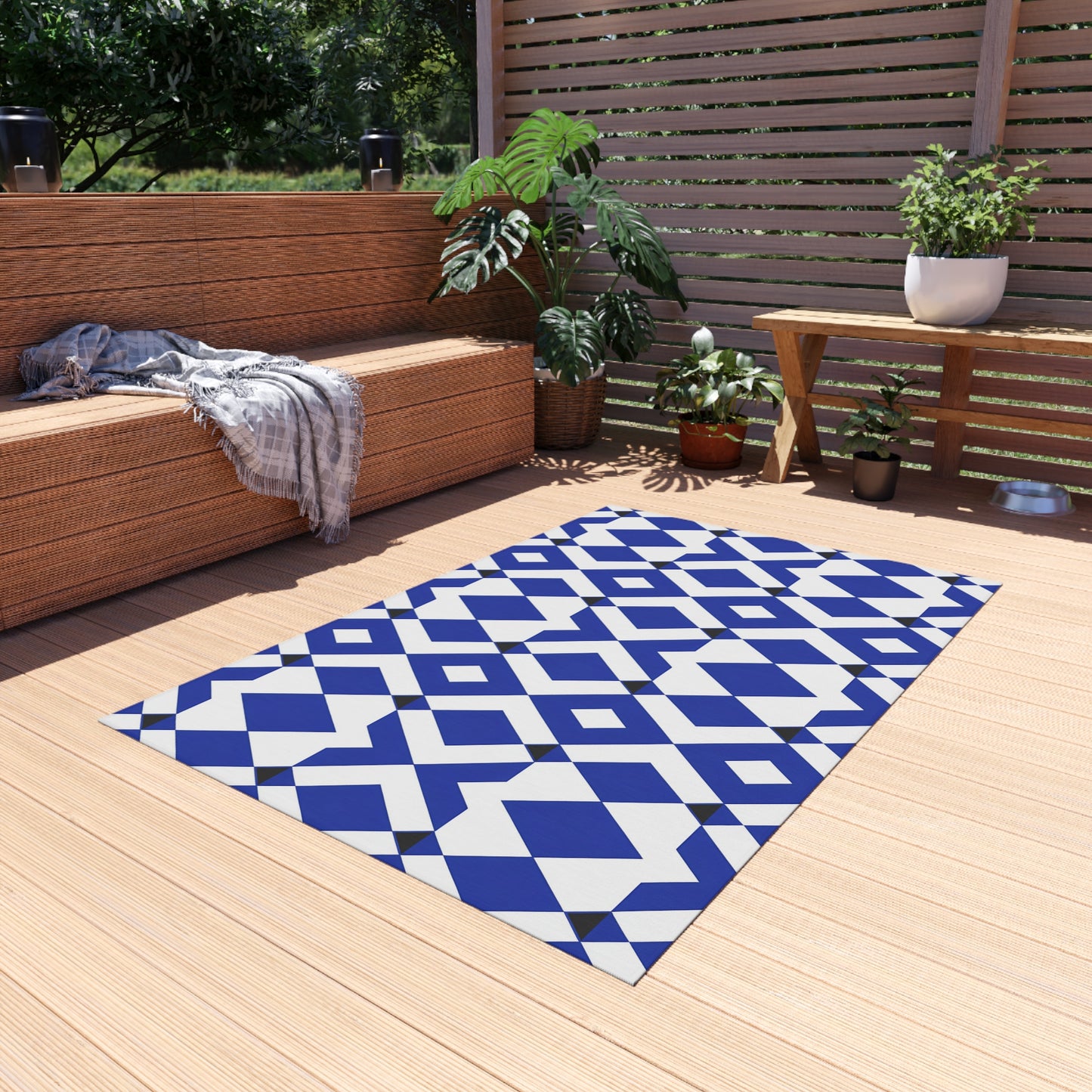 Blue Geometric Diamond Pattern Outdoor/Indoor Rug | Patio Mat, Modern Navy Black White Design