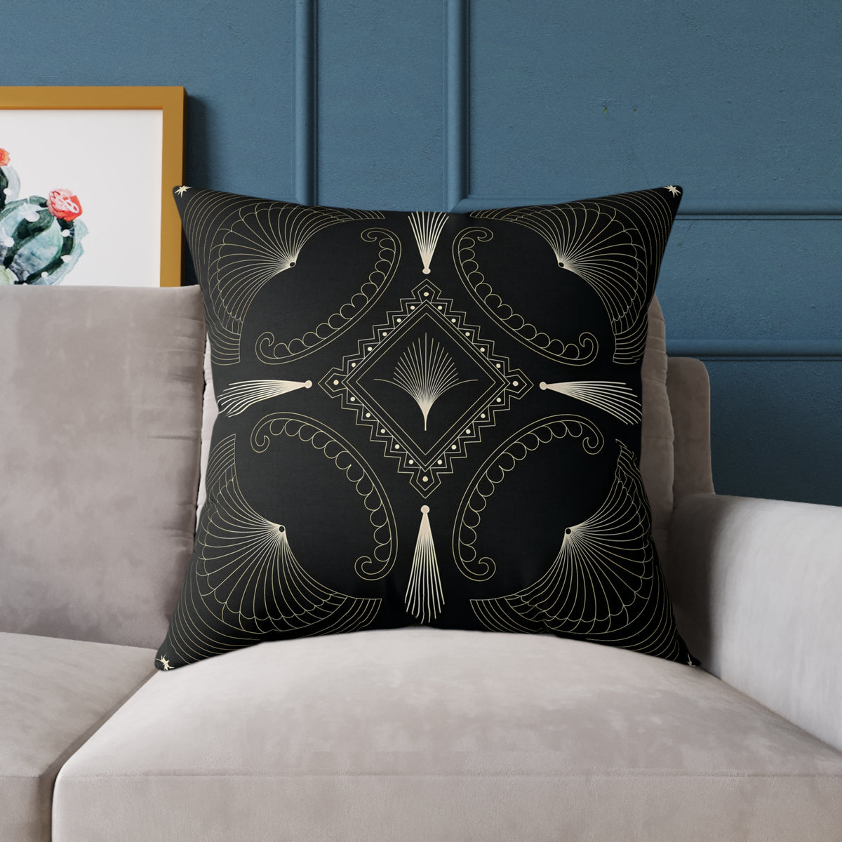Art Deco Black Cream Geometric Pattern Square Pillow | Decorative Throw Pillow