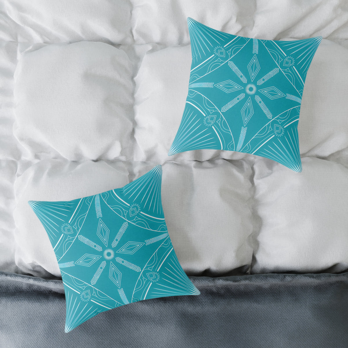 Turquoise White Geometric Mandala Square Pillow | Turquoise Decorative Cushion