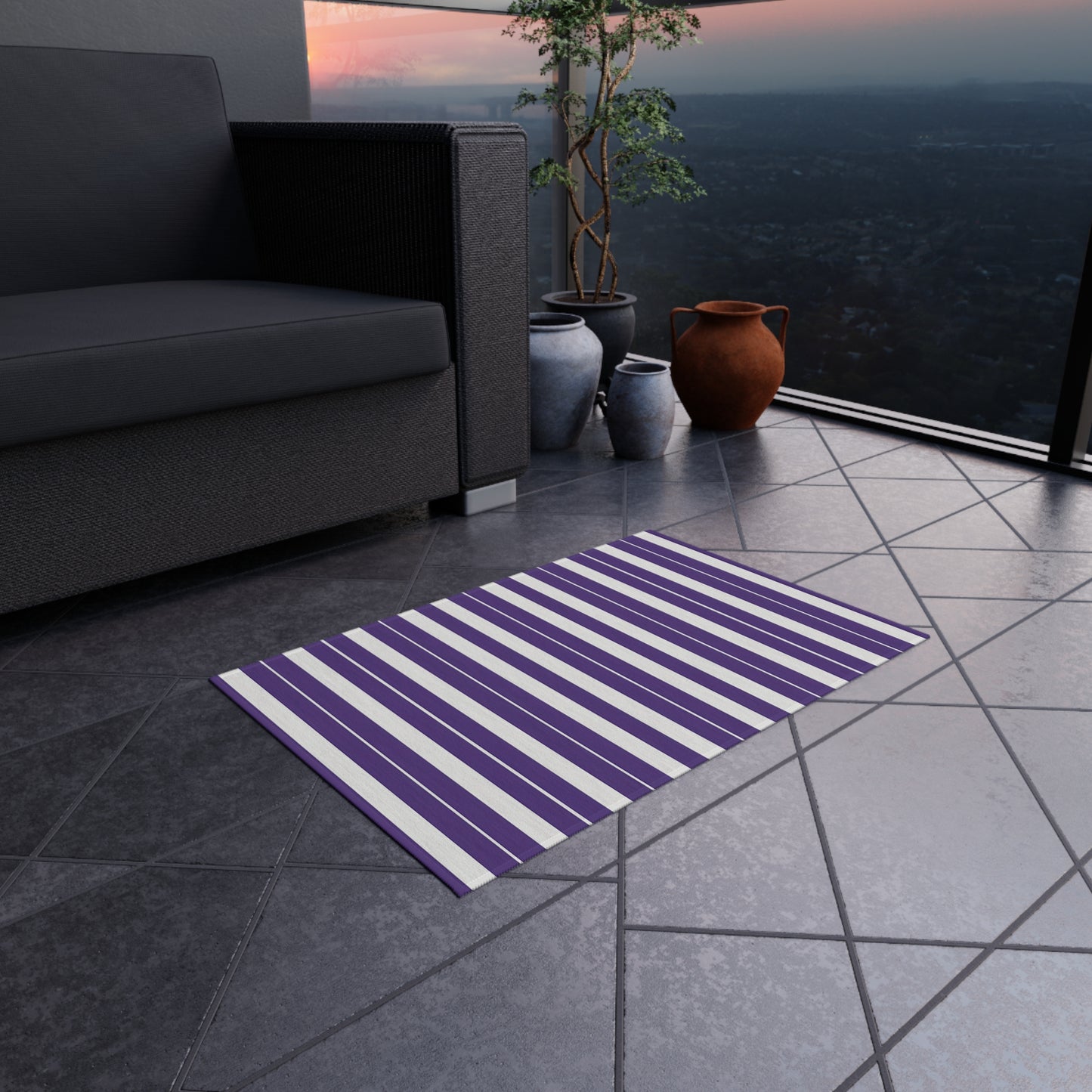 Purple White Stripe Outdoor/Indoor Rug | Patio Mat, Weather-Resistant Striped Doormat