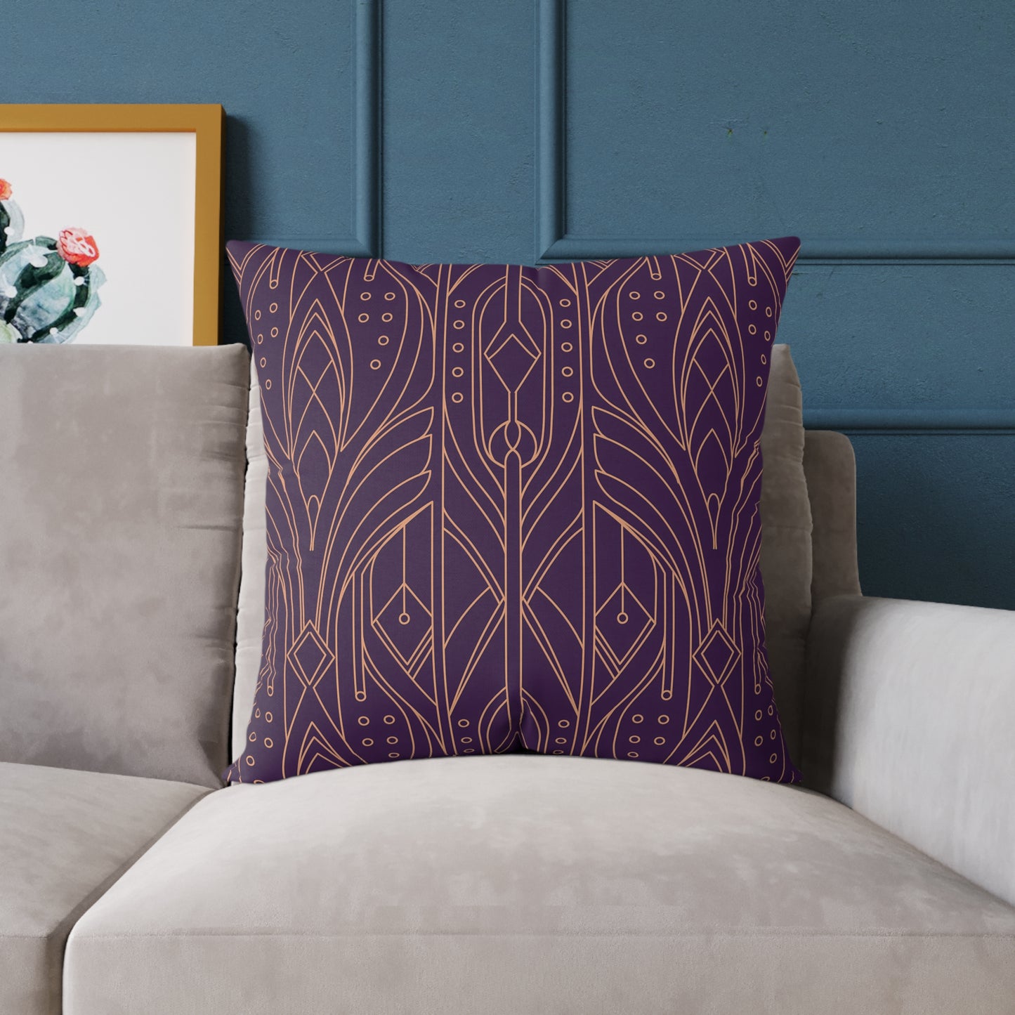 Art Deco Geometric Pattern Square Pillow | Purple Copper