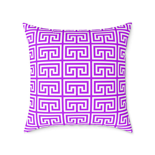 Geometric Purple White Greek Key Pattern Pillow | Square Poly Canvas Pillow