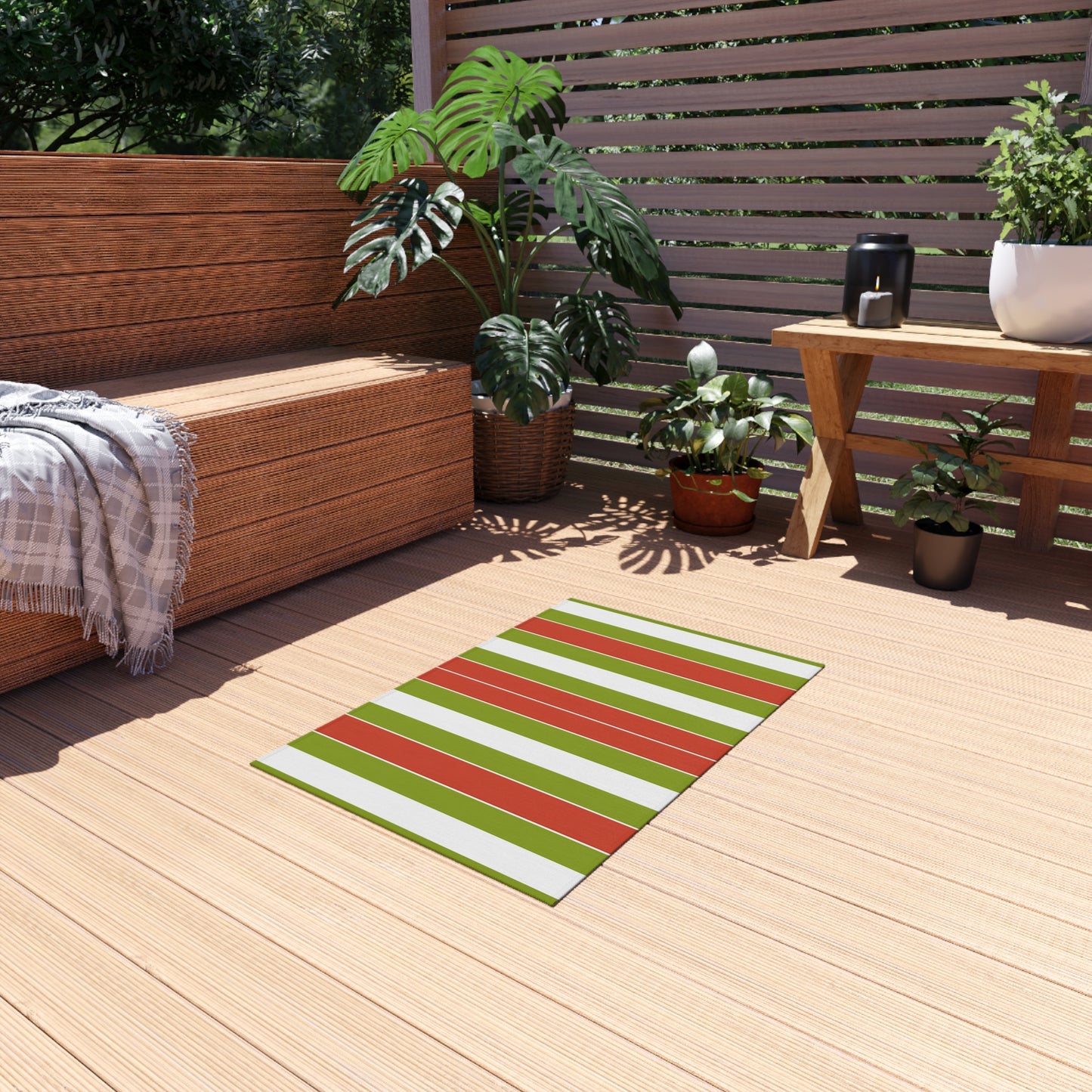 Green Red White Striped Outdoor/Indoor Rug | Patio Door Mat