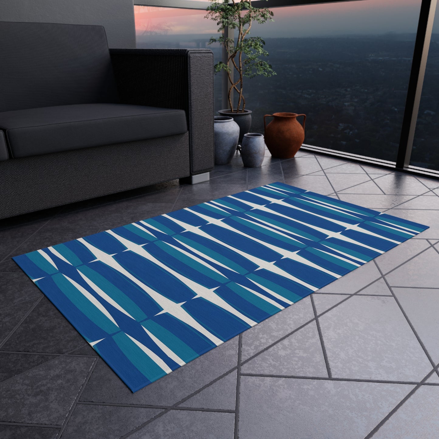 Blue White Mid-Century Geometric Outdoor Rug | Retro Teal Navy Pattern