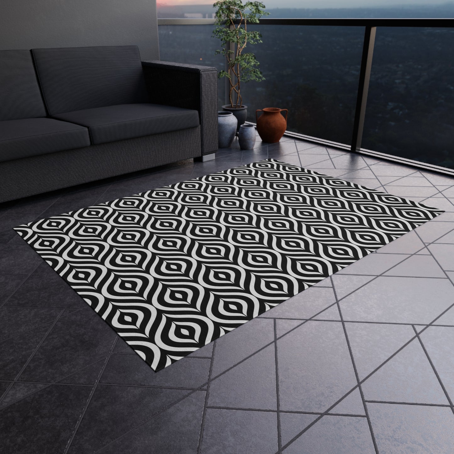 Geometric Black White Pattern Outdoor/Indoor Rug | Waterproof Patio Mat