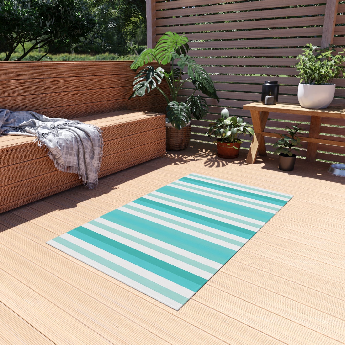 Teal Stripe Outdoor/Indoor Rug | Blue White Striped Patio Mat