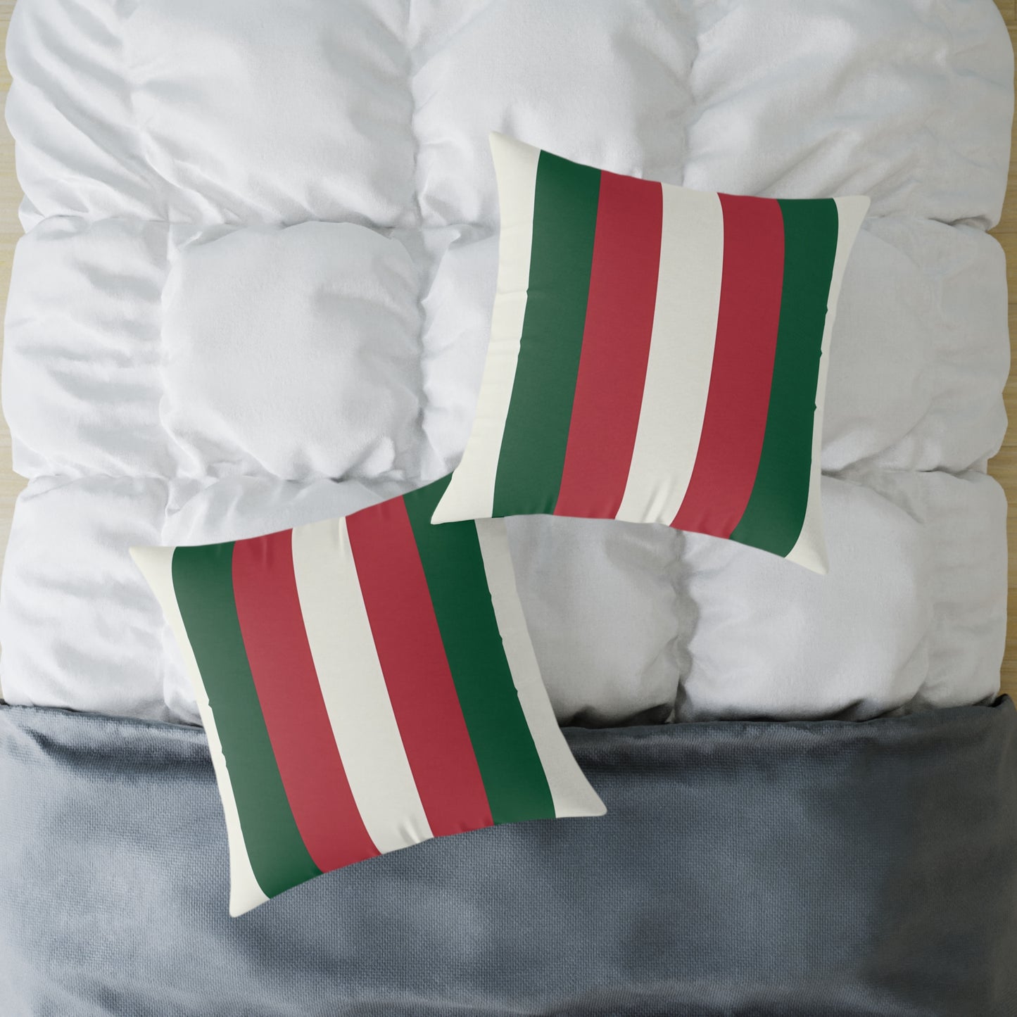Green Red White Stripe Pillow | Square Poly Canvas Pillow