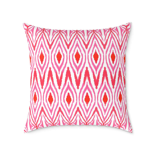 Pink and Orange Ikat Pattern Square Pillow | Geometric Throw Pillow