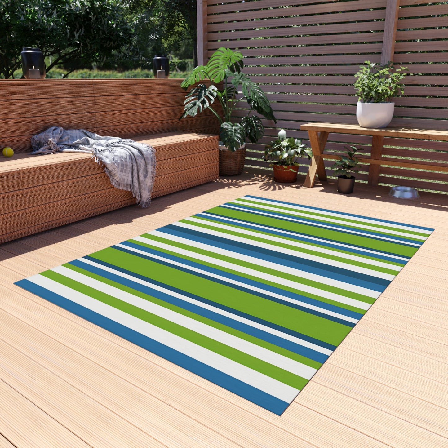 Blue Green Stripe Outdoor/Indoor Rug | Patio Mat, Deck Striped Rug
