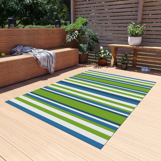 Blue Green Stripe Outdoor/Indoor Rug | Patio Mat, Deck Striped Rug