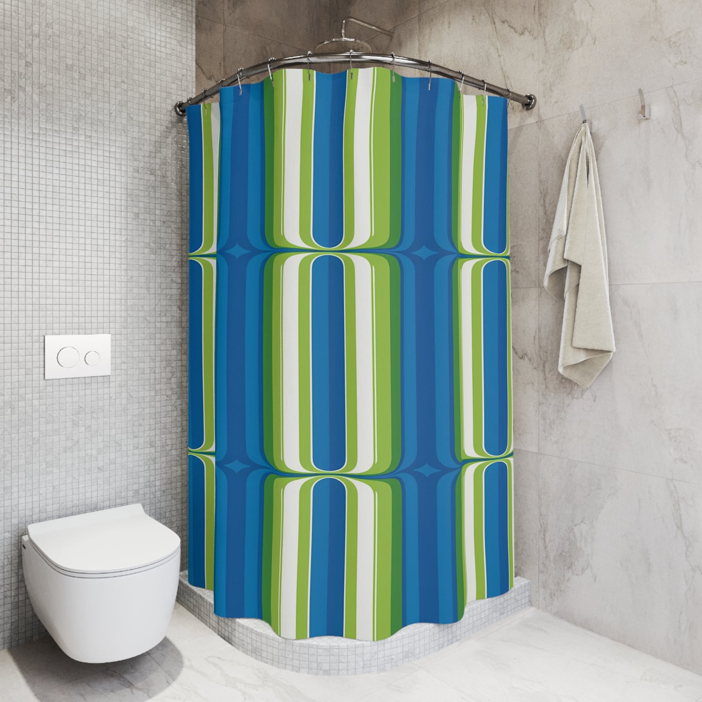 Retro Blue Green Geometric Shower Curtain | 70s Stripe Pattern