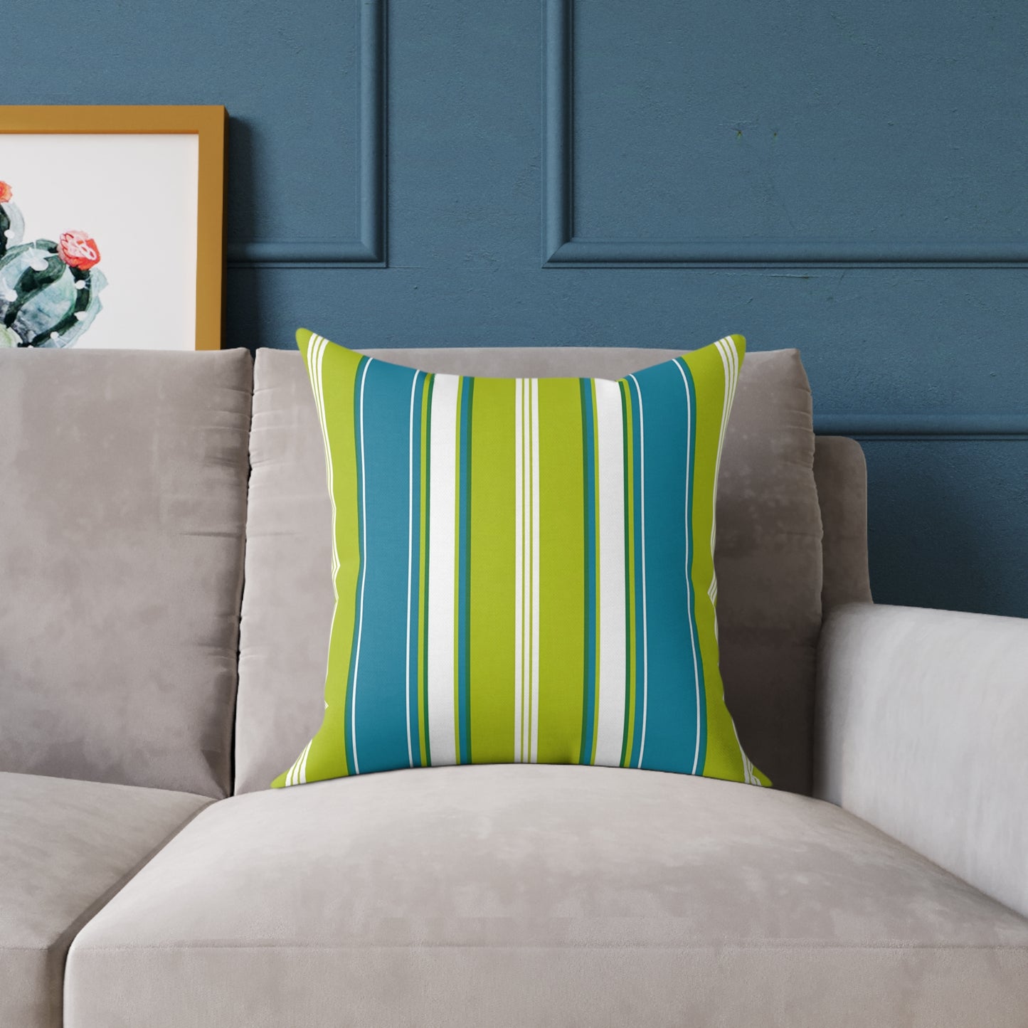 Cerulean Blue Lime Green White Stripe Throw Pillow | Square Poly Canvas Coastal