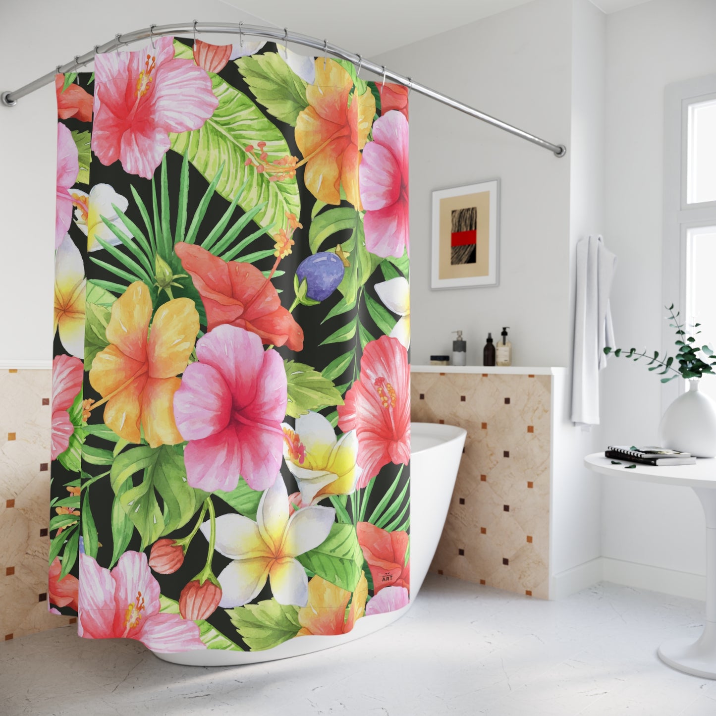 Tropical Hibiscus Floral Shower Curtain | Tropical Leaves Bathroom Decor Tropical Bathroom Accessory