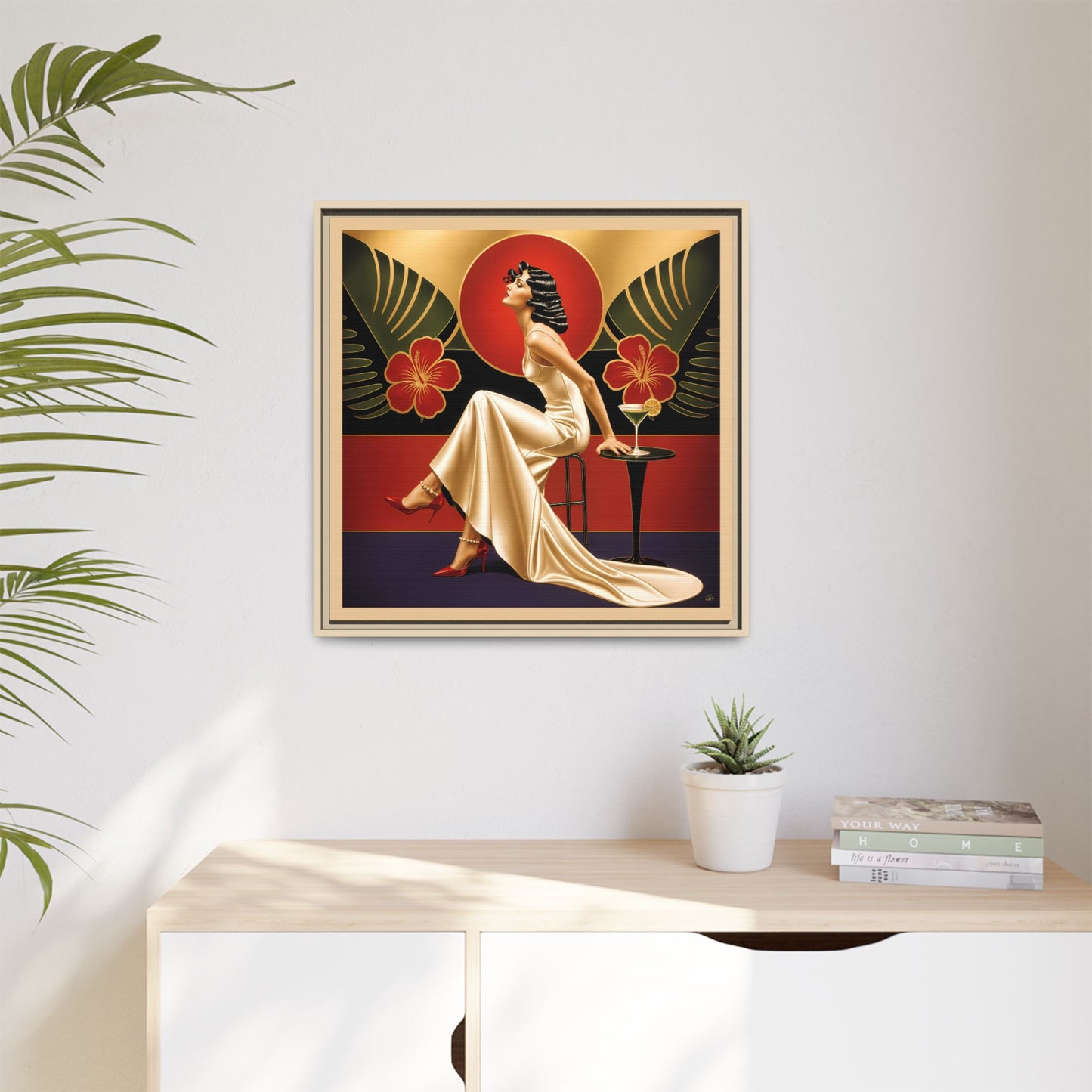 Art Deco Lady Red Green Beige Tropical Canvas Framed Wall Art | Matte Print
