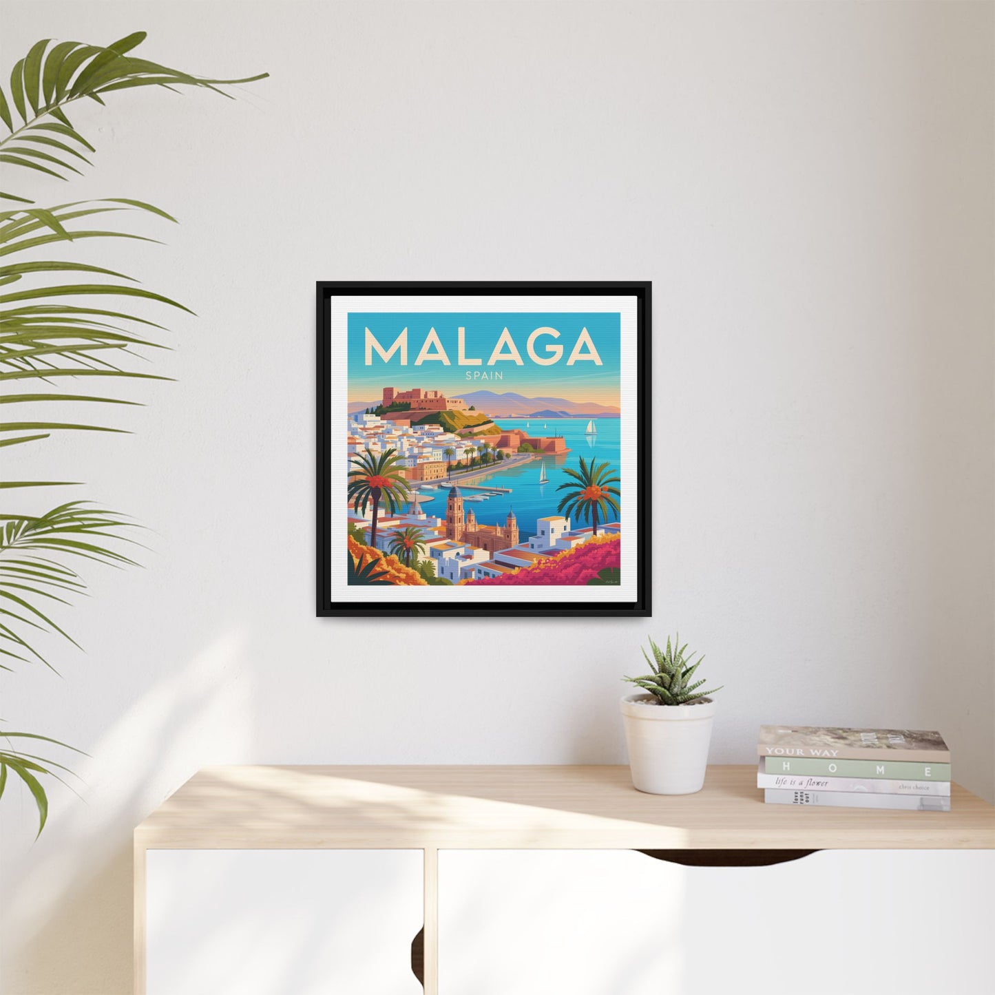 Malaga Spain Coastal  Matte Canvas Framed Wall Art| Vintage Style Travel Art