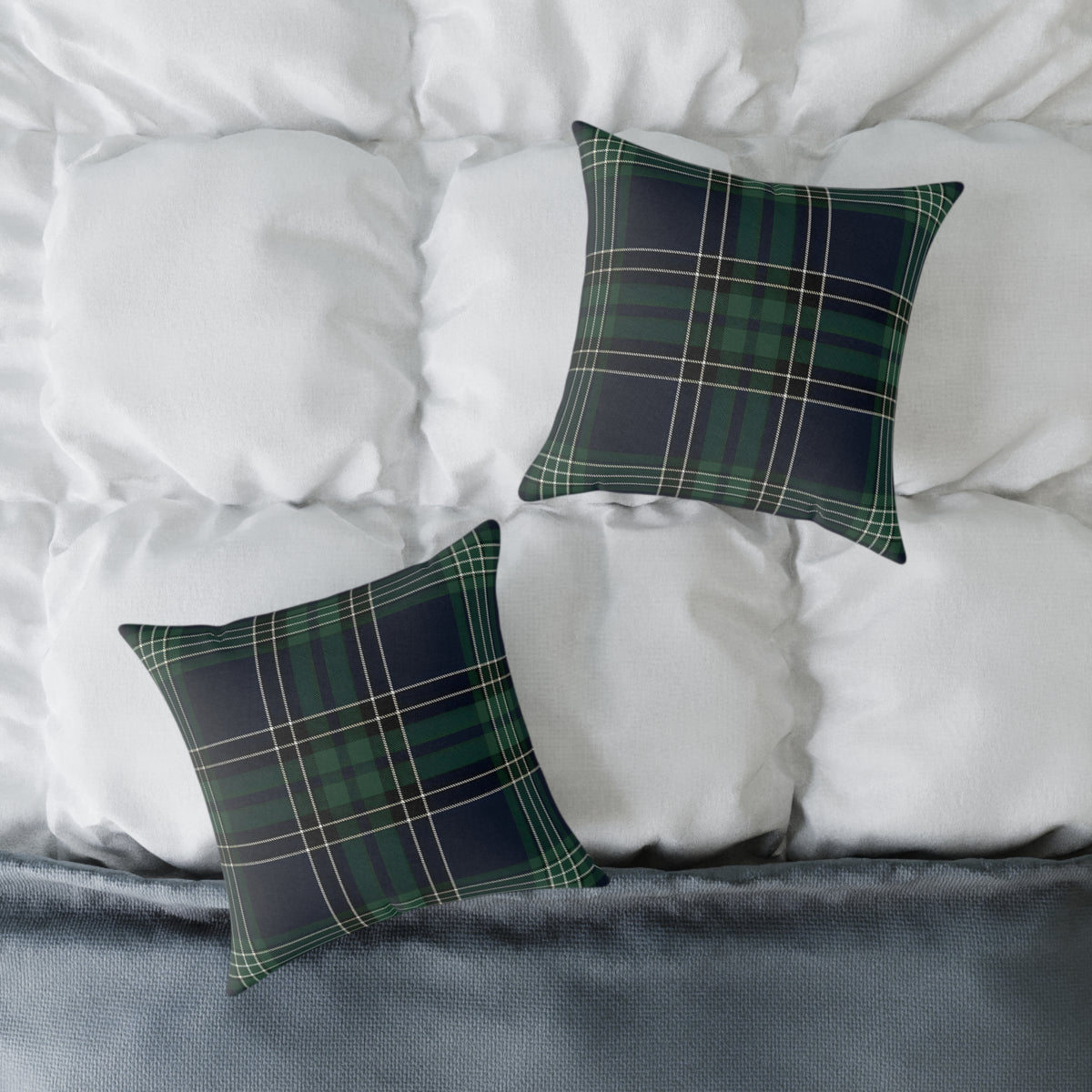 Green Navy White Tartan Plaid Square Poly Canvas Pillow | Woodland Plaid Throw Pillow