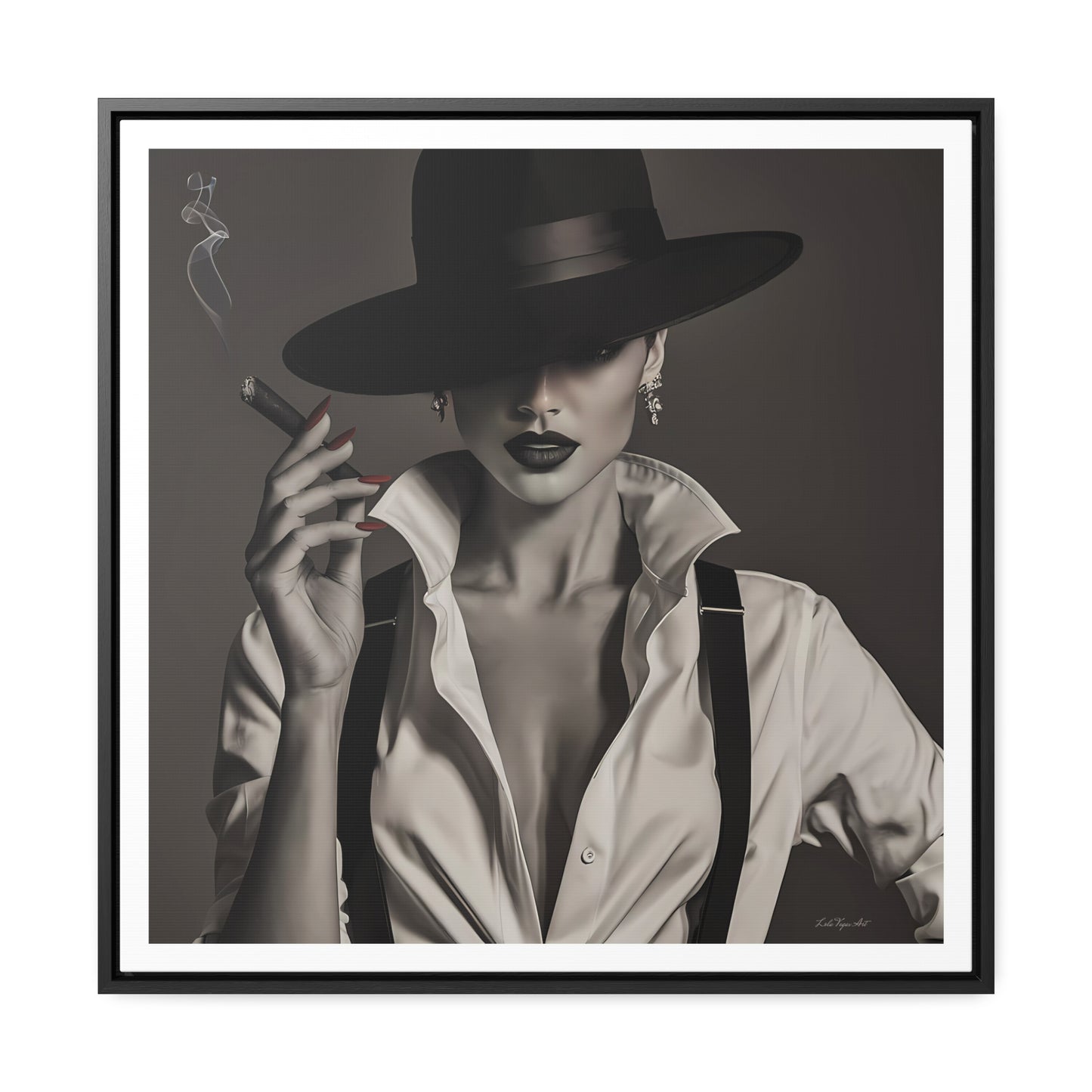 Film Noir Woman Canvas Art, Square Frame, Sexy Black White Femme Fatale Fedora Hat Cigar, Wall Hanging Poster Print, Home Decor Gift,