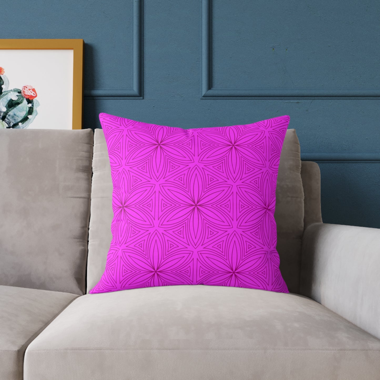 Geometric Fuchsia Pink Floral Pattern Pillow | Square Poly Canvas Pillow