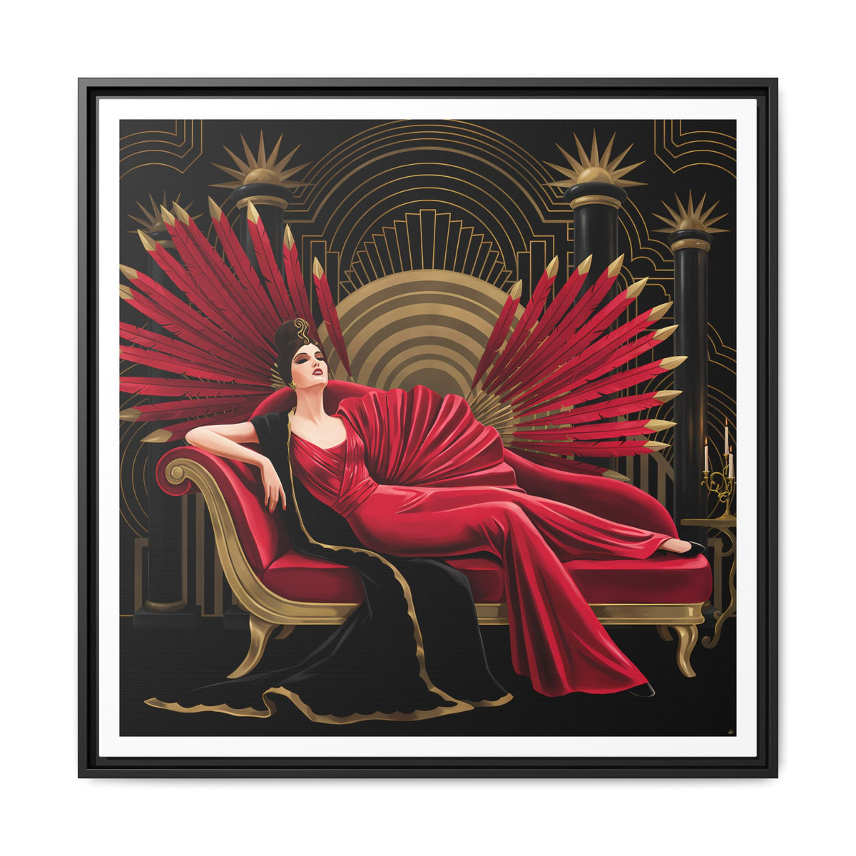 Art Deco Lady with Red Feathers Matte Canvas Framed Wall Art