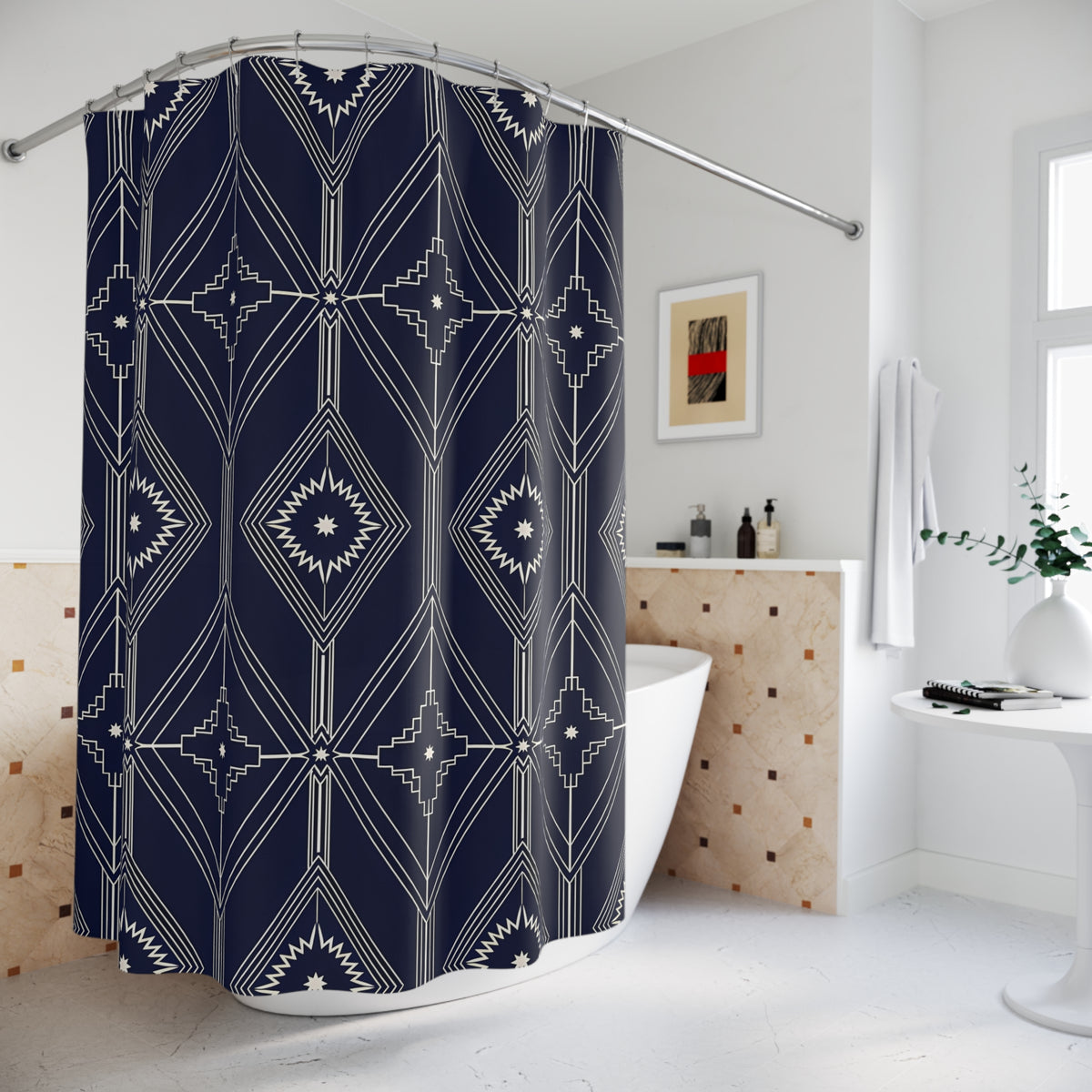 Navy Geometric Diamond Pattern Shower Curtain | Art Deco Inspired