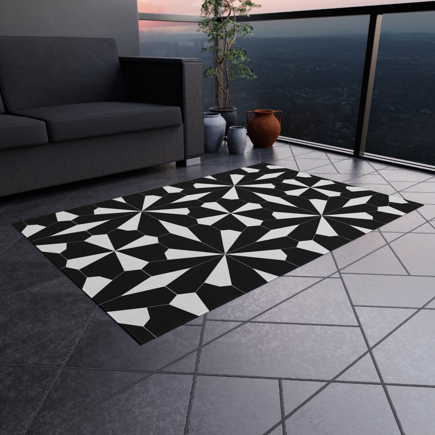 Geometric Black White Tile Pattern Outdoor/Indoor Rug | Modern Patio Mat