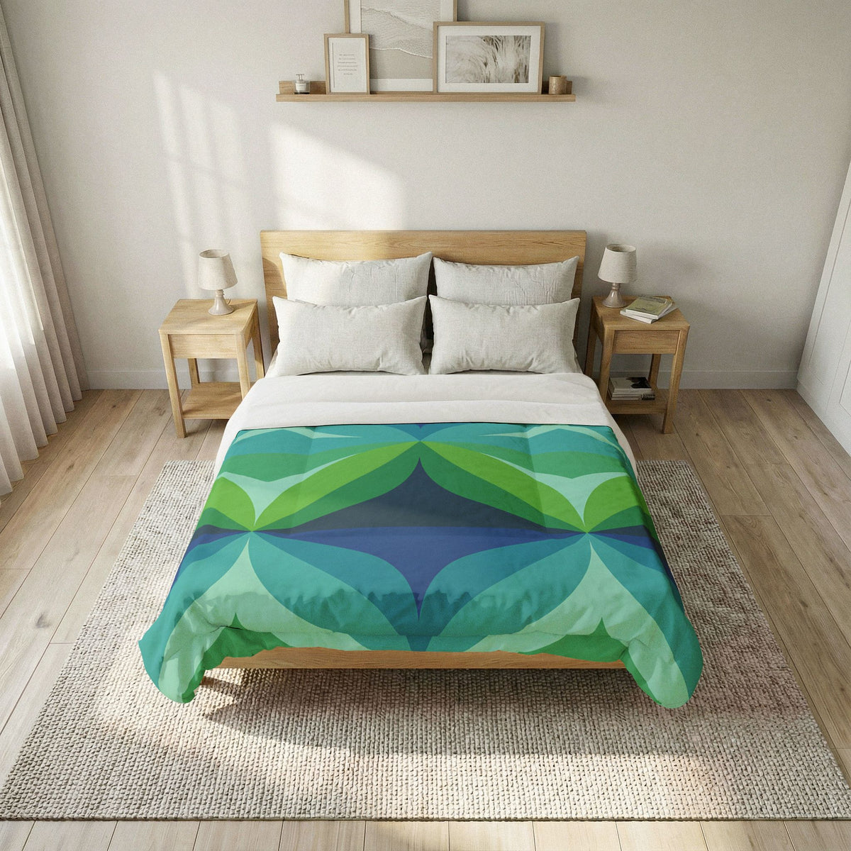 Geometric Green Blue Leaf Pattern Cotton Comforter | Mid Century Modern Bedding