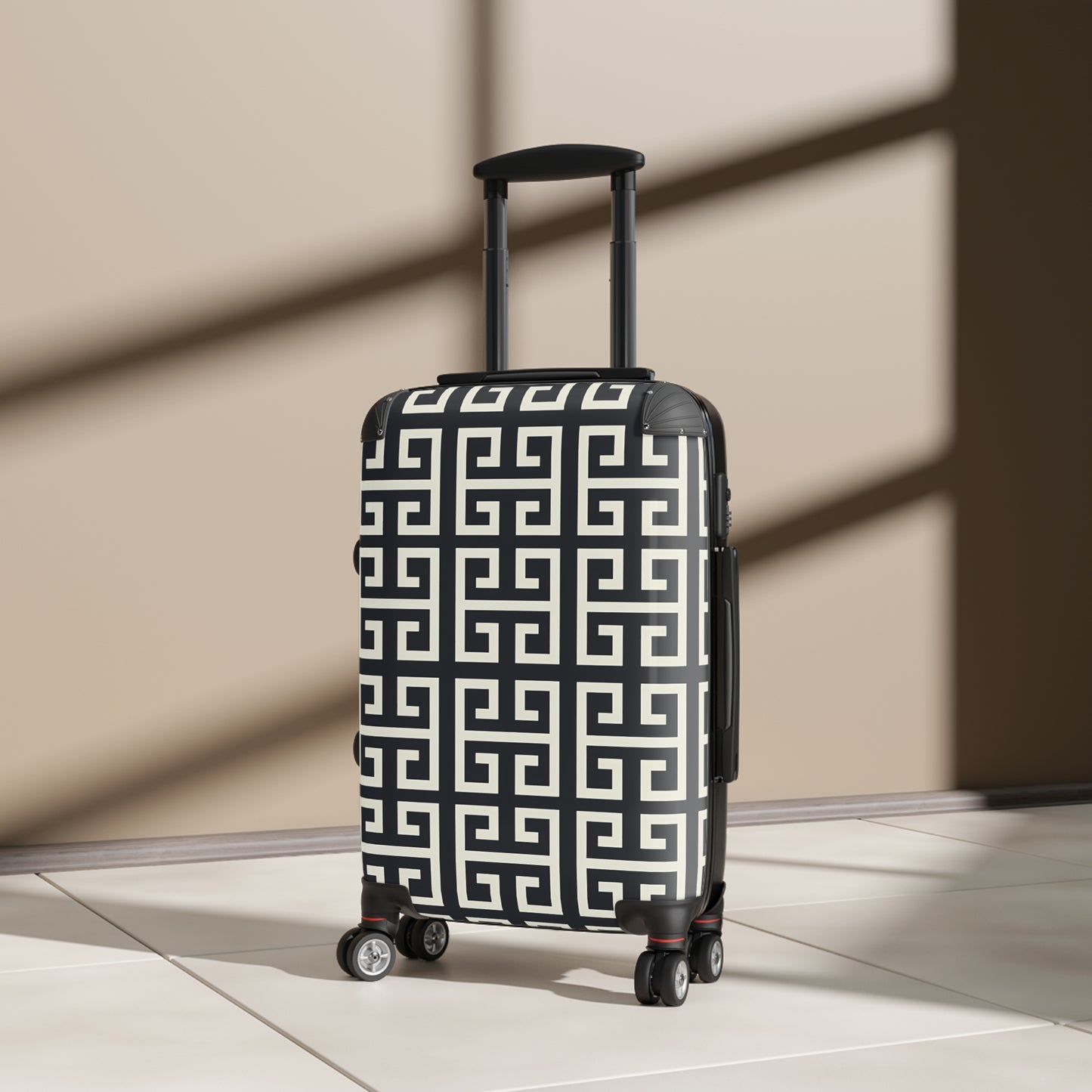 Greek Key Geometric Pattern Suitcase | Black White Travel Luggage