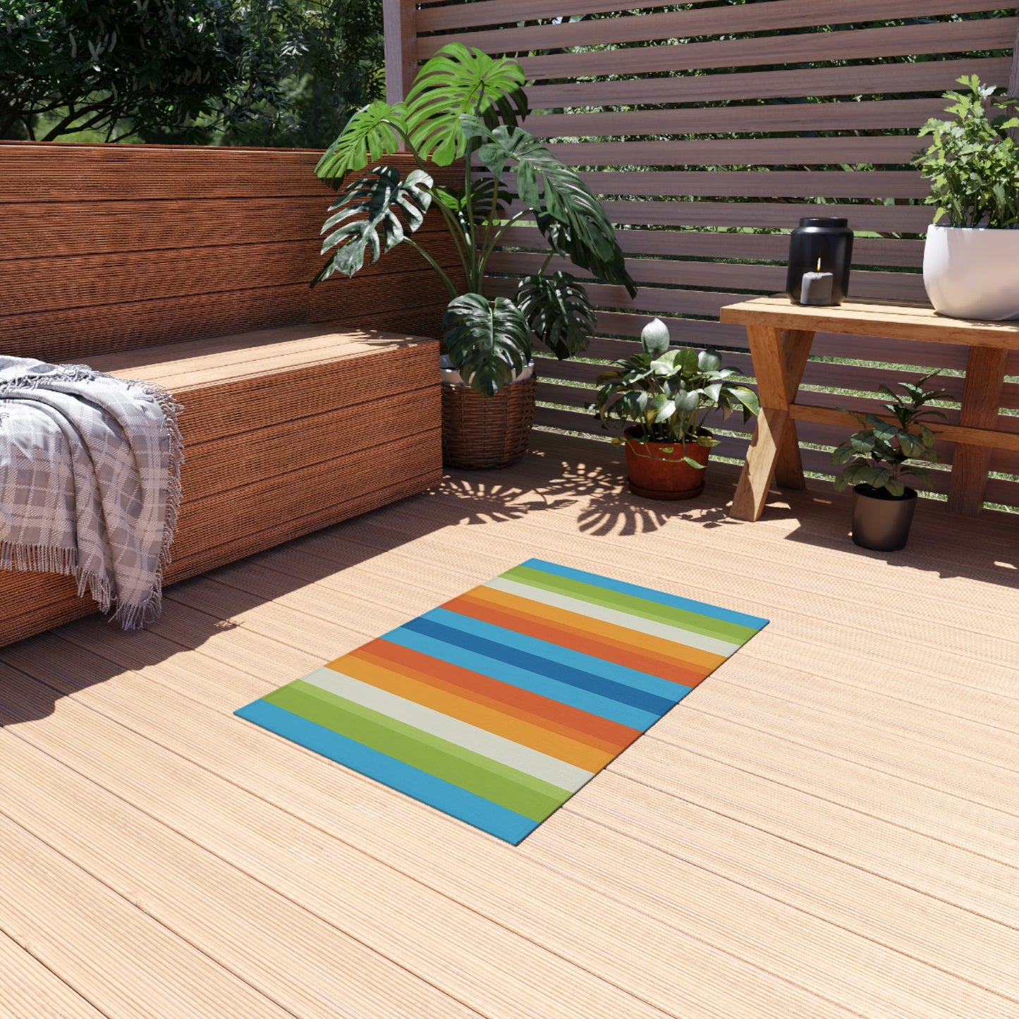 Colorful Vertical Stripe Outdoor/Indoor Rug | Blue Orange Green Patio Mat