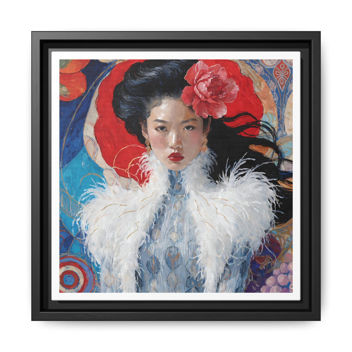 Asian Femme Portrait Matte Canvas Framed | Woman with Feather Collar Wall Art