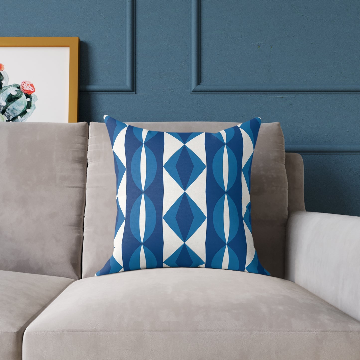 Blue White Geometric Pattern Pillow | Mid Century Modern Diamond Stripe
