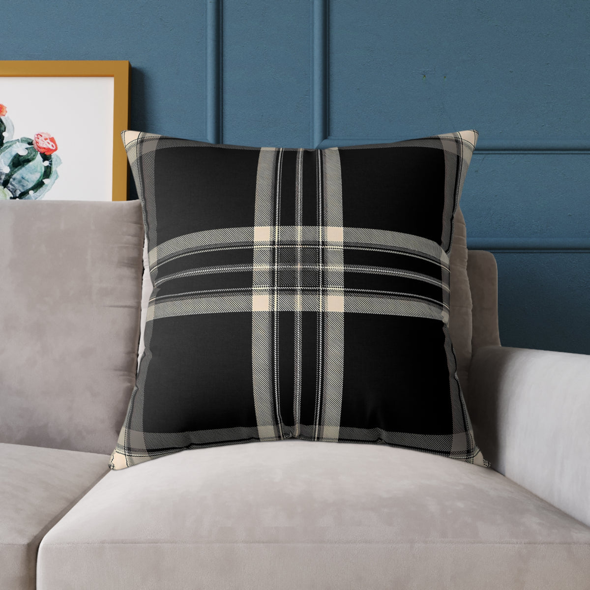 Black Gray Beige Plaid Square Poly Canvas Pillow | Buffalo Check Throw Pillow