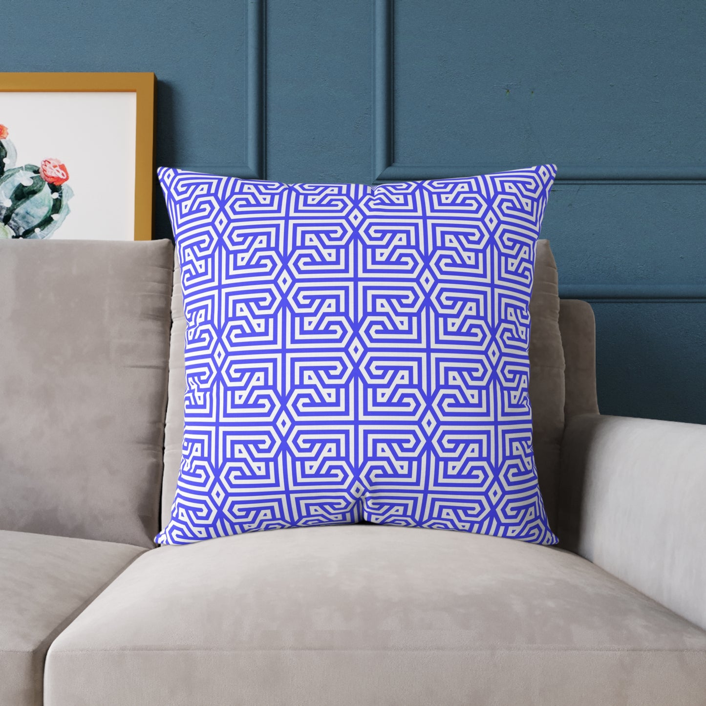 Geometric Greek Key Pattern Periwinkle Pillow | Square Canvas Throw Pillow, Modern Home Decor, Accent Cushion, Gift for Her, Boho Style,