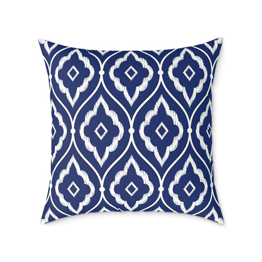 Navy and White Ikat Geometric Pattern Square Pillow | Coastal Home Decor