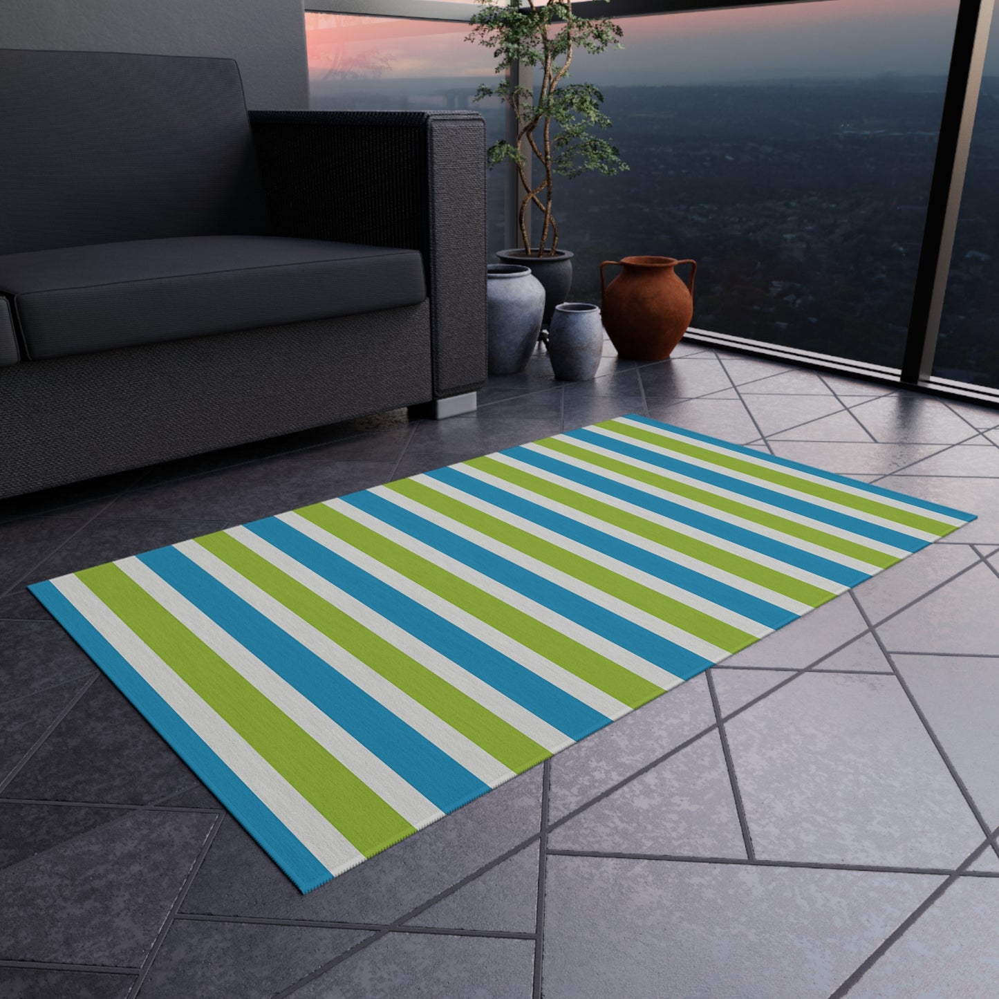 Blue Green Striped Outdoor/Indoor Rug | Patio Mat, Porch Deck Floor Covering