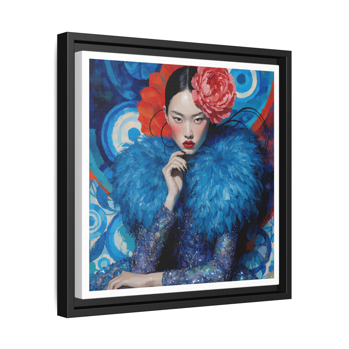 Floral-Femme Asian Woman Portrait Matte Canvas Framed Wall Art | Colorful Fashion Illustration
