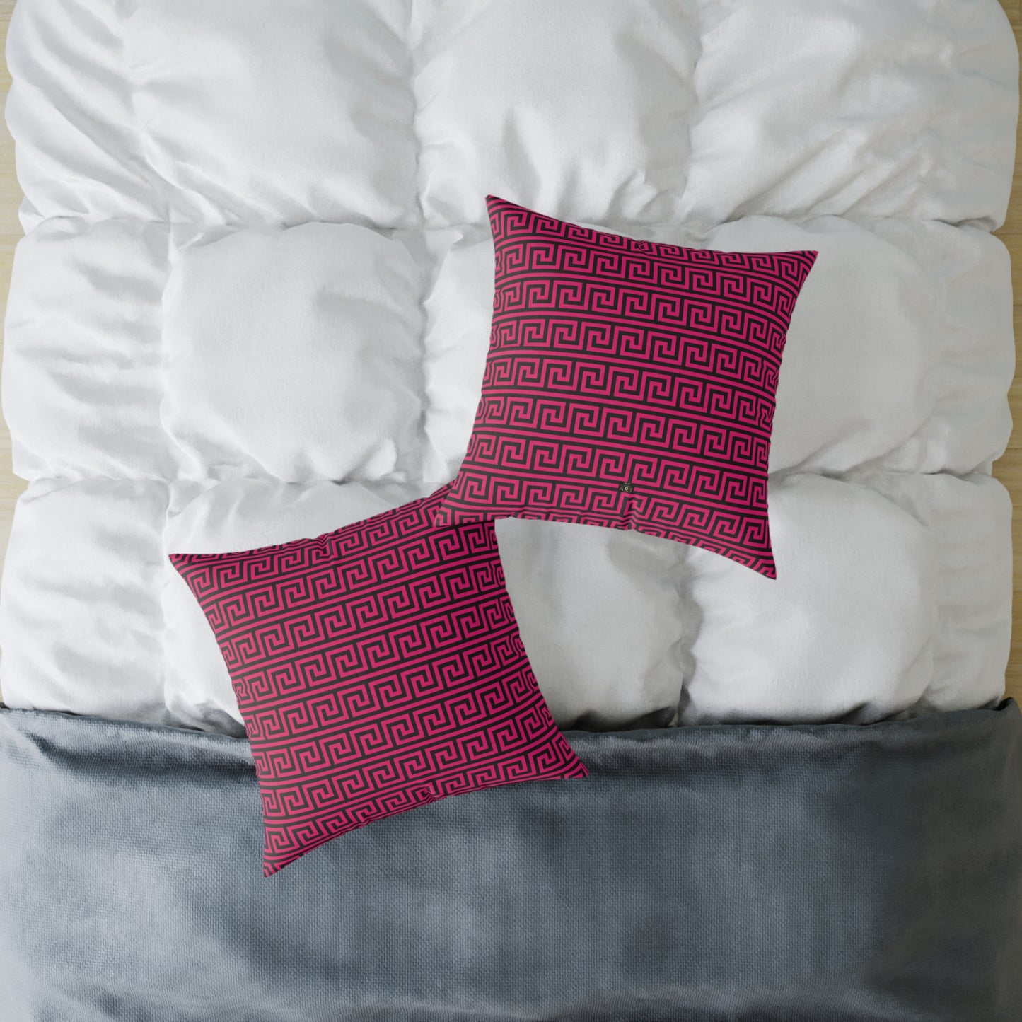 Greek Key Pattern Square Poly Canvas Pillow | Pink and Black Geometric Throw Pillow