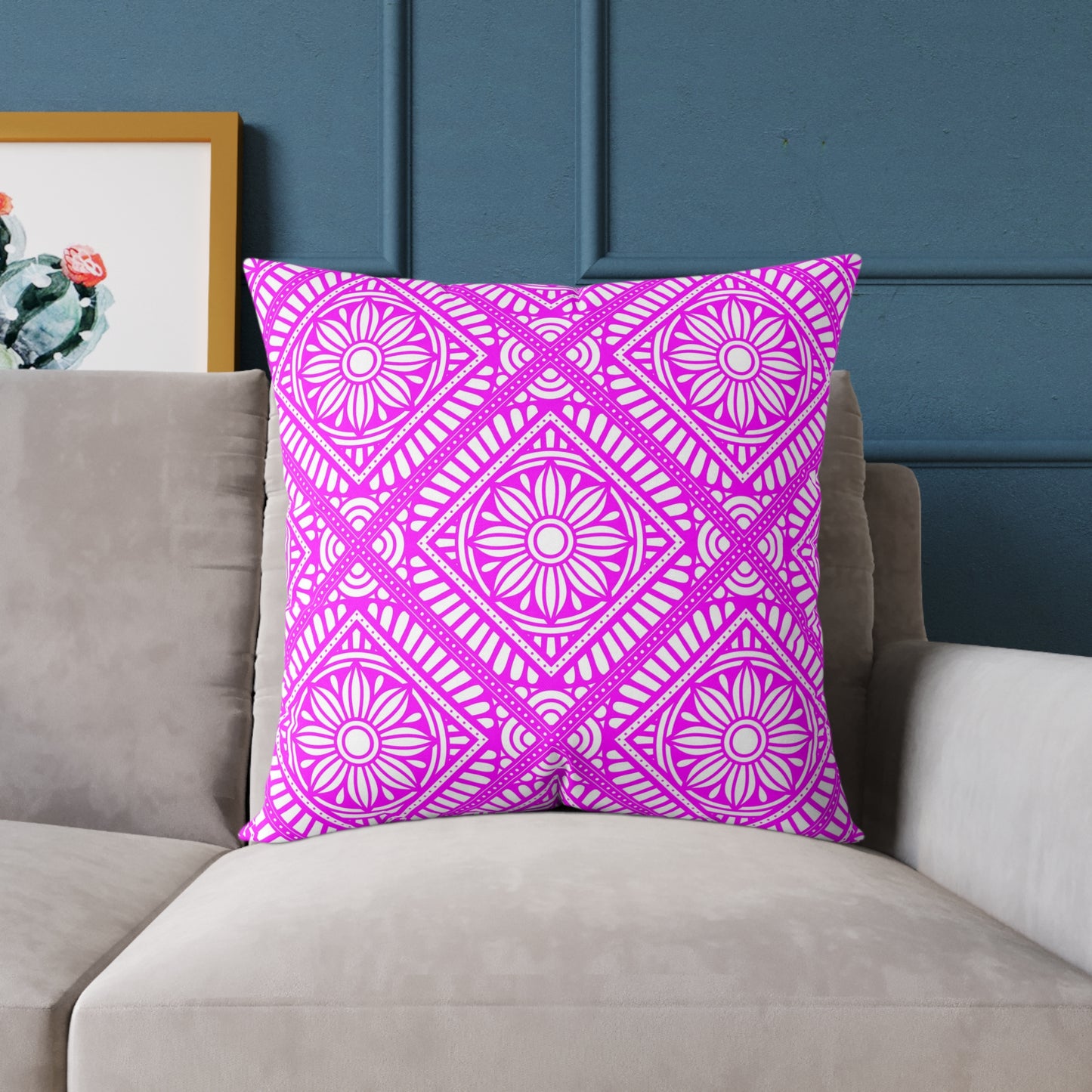 Pink and White Geometric Floral Tile Pillow | Square Poly Canvas Pillow