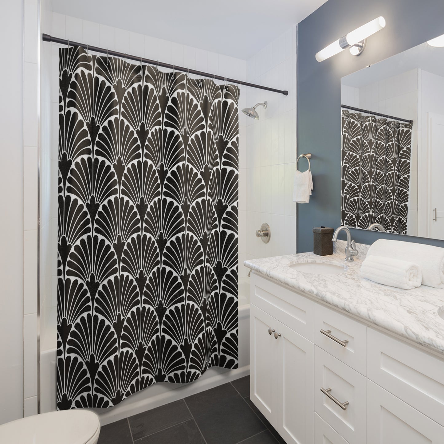 Art Deco Fan Pattern Shower Curtain | Black White Geometric Bathroom