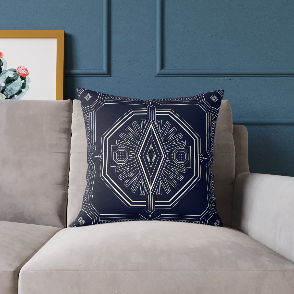 Navy White Geometric Mandala Square Pillow | Tribal Diamond Pattern