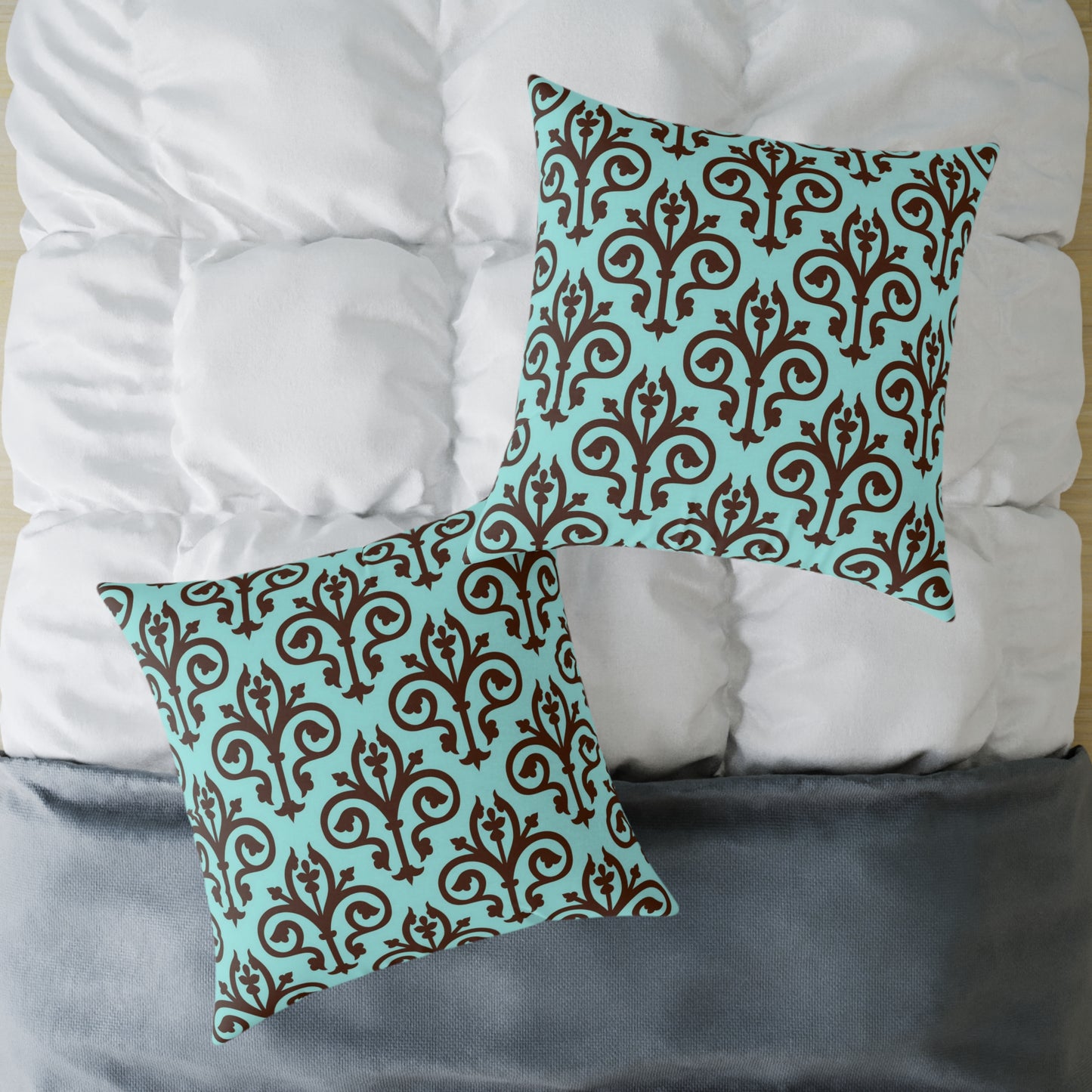 Turquoise Brown Damask Square Pillow | Decorative Throw Pillow