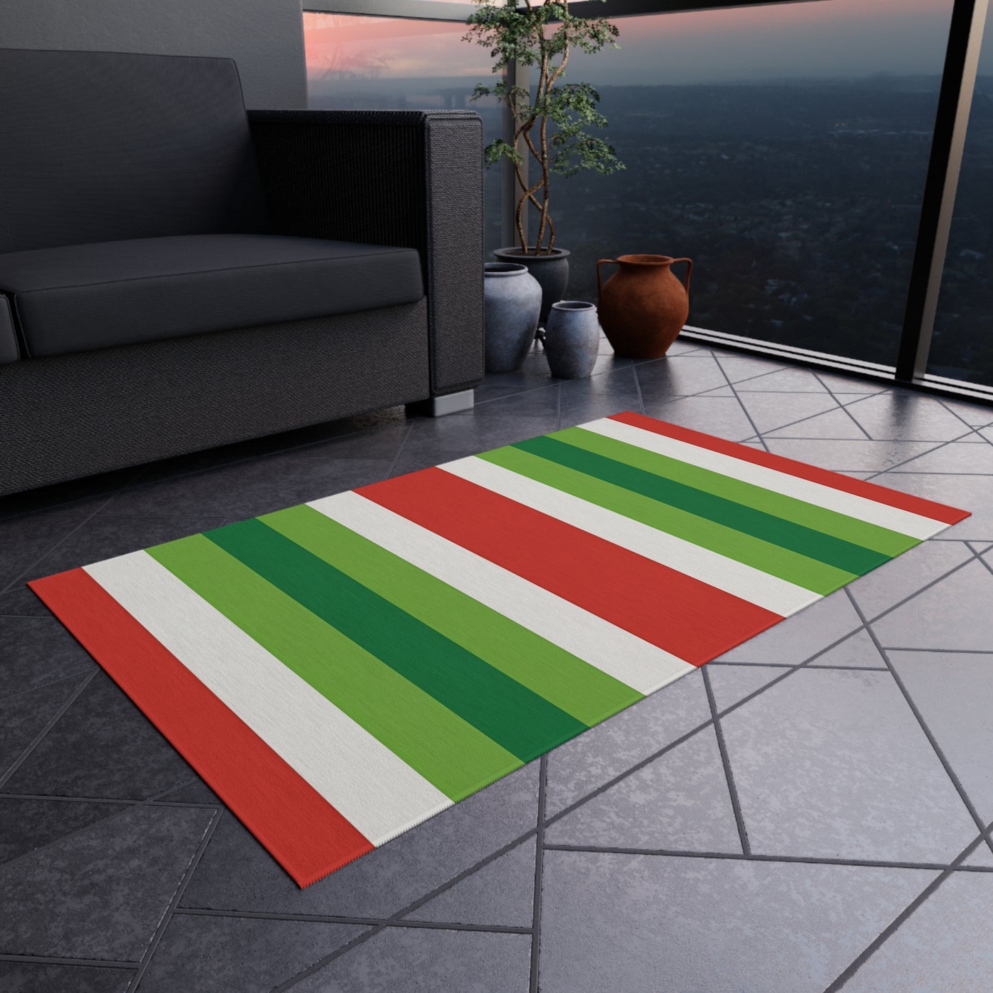 Red White Green Stripe Outdoor Rug | Patio Deck Mat