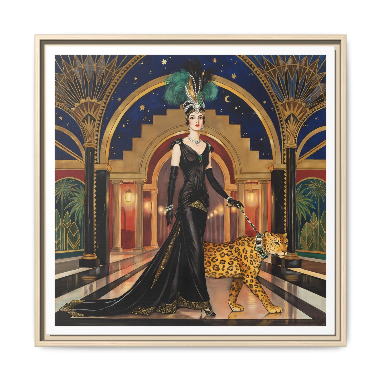Art Deco Flapper with Leopard Canvas Framed Wall Art | Matte Print