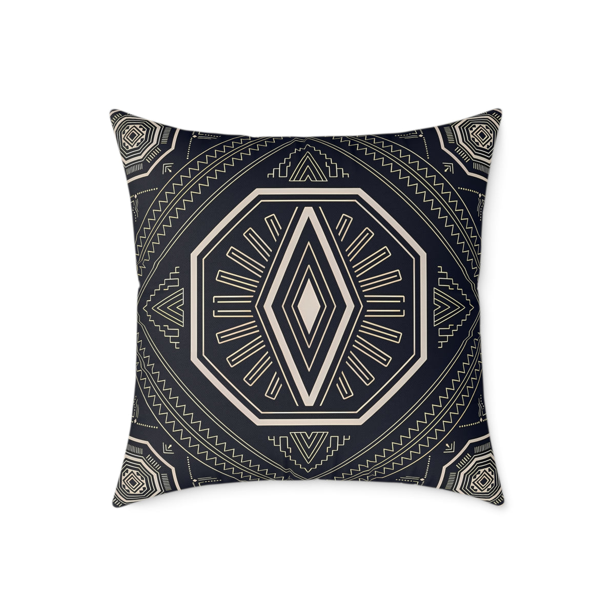 Geometric Black & Cream Tribal Medallion Square Pillow | Boho Aztec Pattern