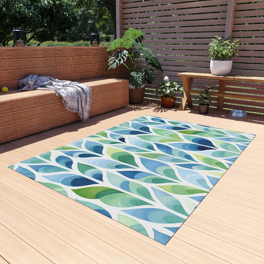 Blue Green Leaf Pattern Outdoor/Indoor Rug | Patio Mat