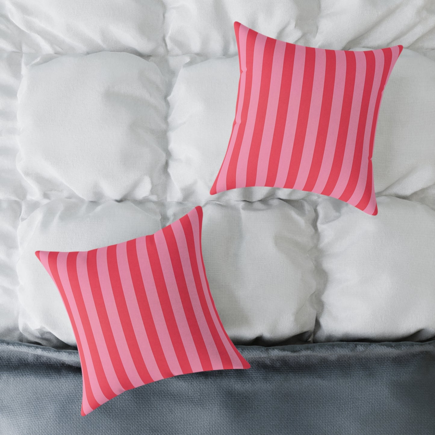 Light Pink and Watermelon Pink Vertical Stripes Pillow | Square Poly Canvas Pillow