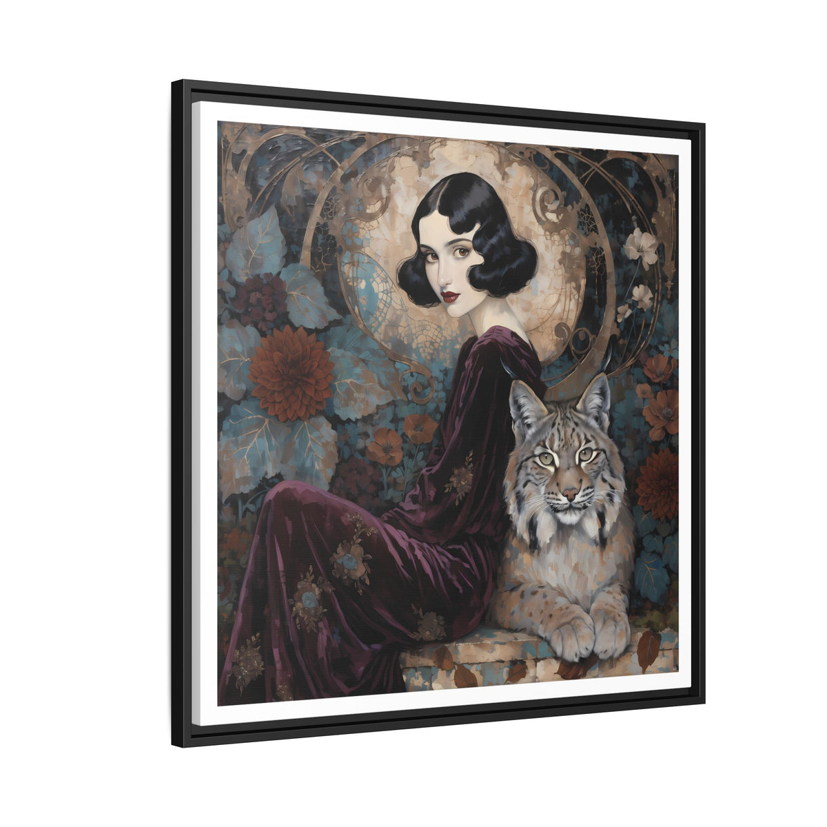 Vintage Flapper Woman with Lynx Matte Canvas Framed